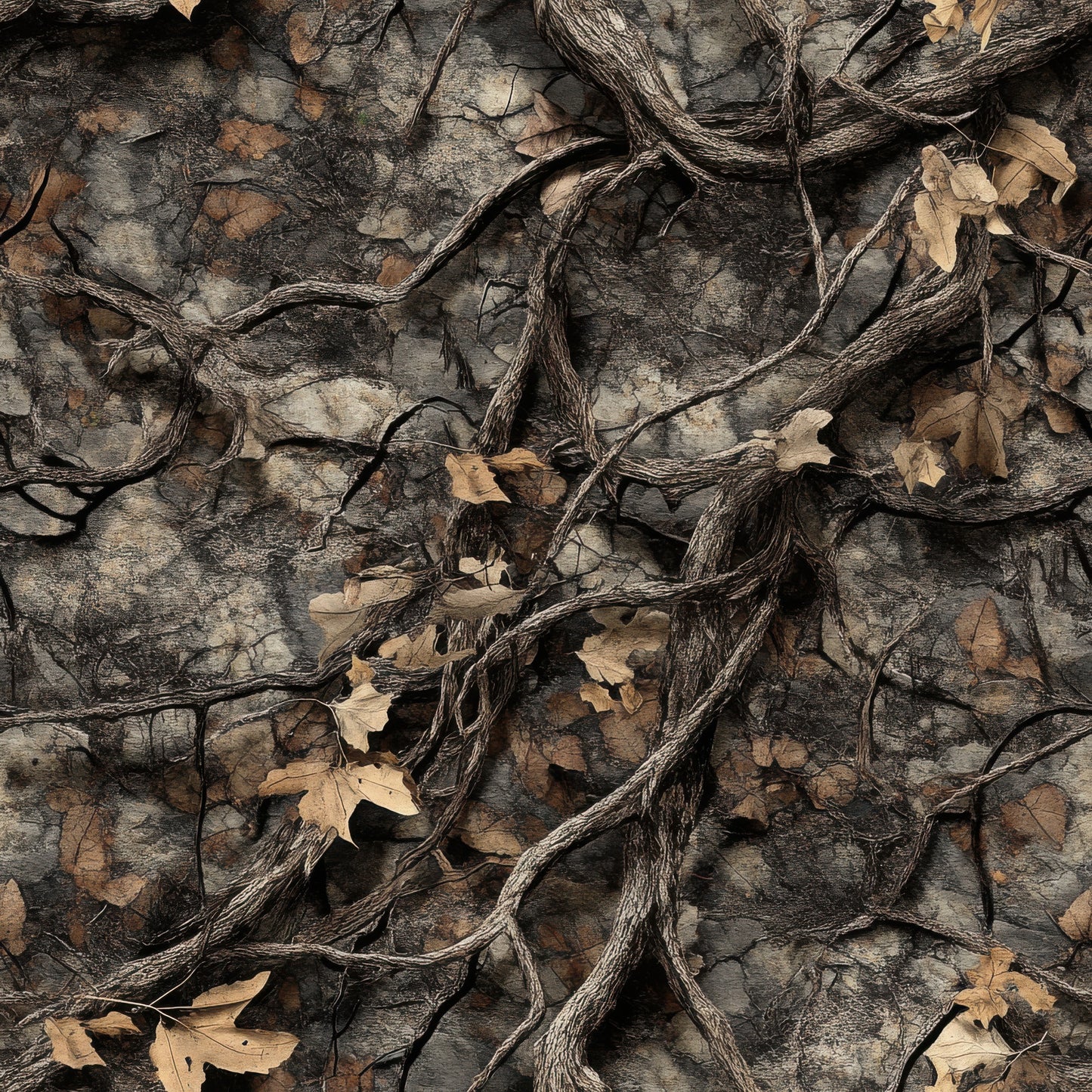 realistic camouflage, hunting camo, brown tones, tan colors, grey hues, black accents, dried leaves, twigs, branches, tree bark, forest floor, woodland pattern, outdoor theme, nature motif, quilting cotton, fabric panel, earthy palette, autumn leaves, natural camouflage, hunting gear