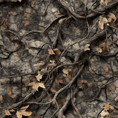 realistic camouflage, hunting camo, brown tones, tan colors, grey hues, black accents, dried leaves, twigs, branches, tree bark, forest floor, woodland pattern, outdoor theme, nature motif, quilting cotton, fabric panel, earthy palette, autumn leaves, natural camouflage, hunting gear