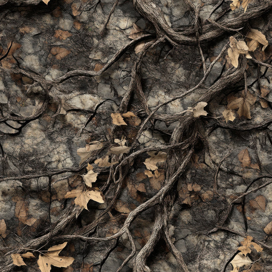realistic camouflage, hunting camo, brown tones, tan colors, grey hues, black accents, dried leaves, twigs, branches, tree bark, forest floor, woodland pattern, outdoor theme, nature motif, quilting cotton, fabric panel, earthy palette, autumn leaves, natural camouflage, hunting gear