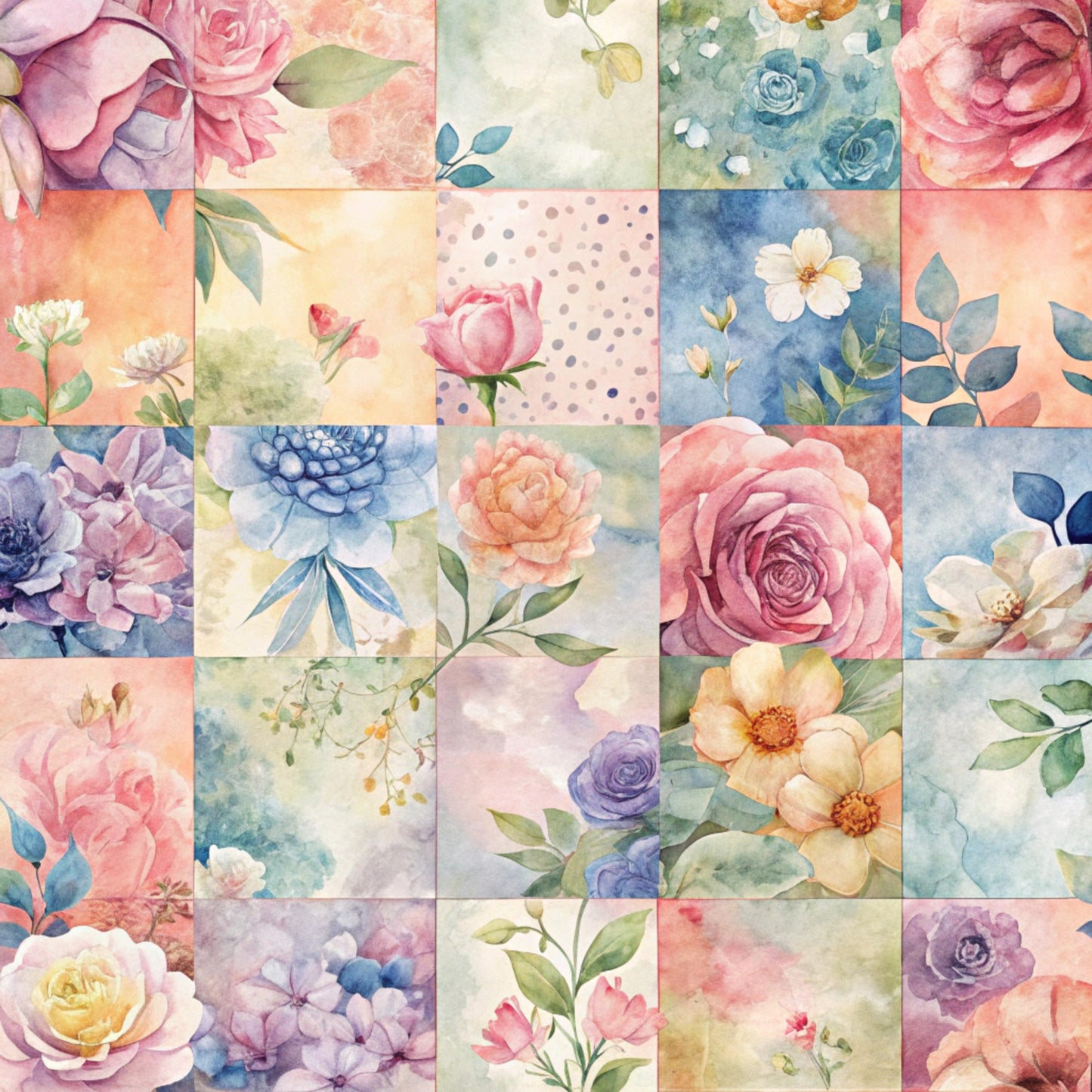 spring flowers, watercolor style, patchwork squares, quilting cotton, fabric panel, pink roses, blue florals, purple blooms, coral flowers, sage green, pastel colors, botanical motifs, floral patchwork, soft pastels, garden flowers, romantic florals, quilting blocks, cotton fabric, spring theme, delicate petals