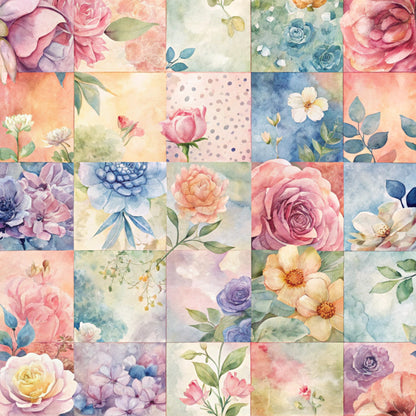 spring flowers, watercolor style, patchwork squares, quilting cotton, fabric panel, pink roses, blue florals, purple blooms, coral flowers, sage green, pastel colors, botanical motifs, floral patchwork, soft pastels, garden flowers, romantic florals, quilting blocks, cotton fabric, spring theme, delicate petals