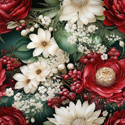 christmas florals, deep red flowers, cream white blooms, burgundy roses, ivory petals, red berries, dark green leaves, tropical foliage, floral pattern, botanical design, holiday theme, quilting cotton, fabric panel, rich colors, festive flowers, winter blooms, elegant florals, seamless repeat, luxurious texture, seasonal motifs
