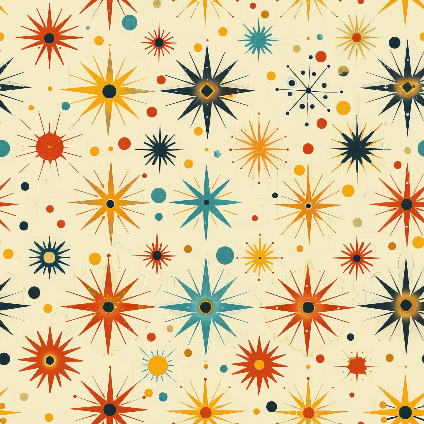 retro starburst, mid-century modern, atomic age, orange, teal, yellow, navy blue, cream background, geometric stars, sunburst motifs, scattered dots, quilting cotton, fabric panel, vintage inspired, 1950s style, radiating lines, celestial pattern, mod design, crafting material