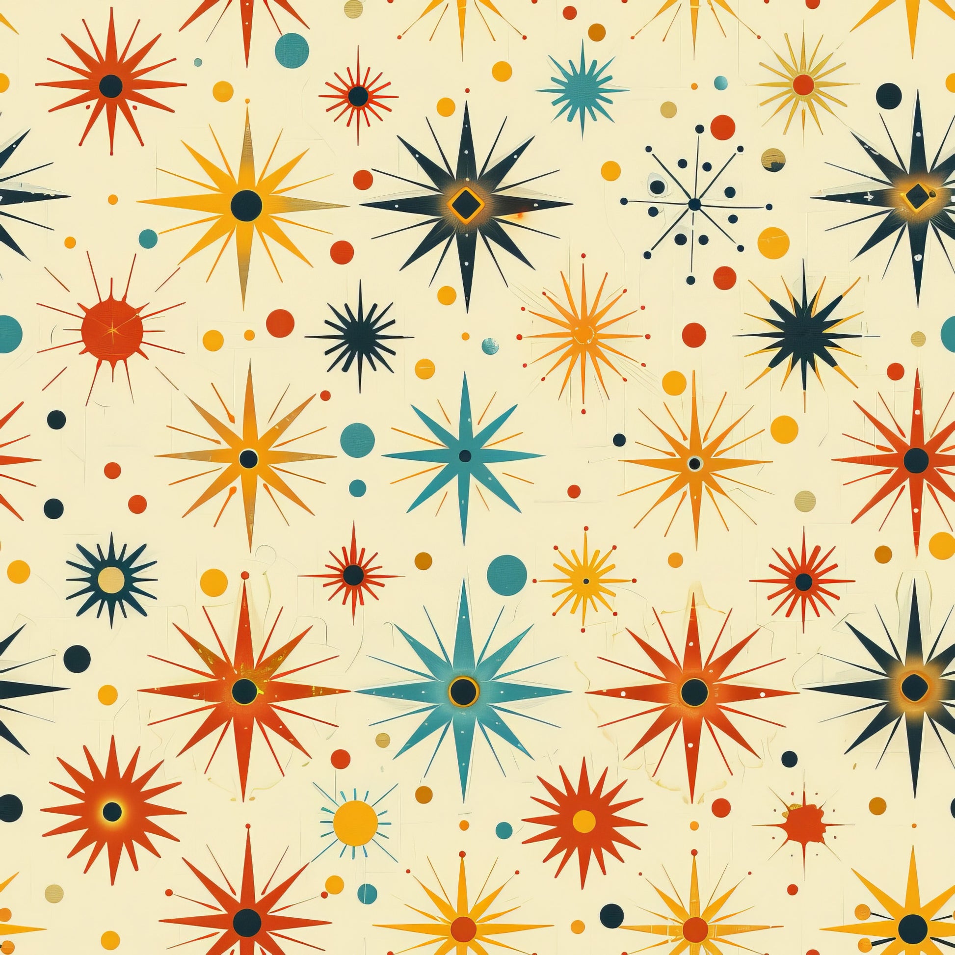 retro starburst, mid-century modern, atomic age, orange, teal, yellow, navy blue, cream background, geometric stars, sunburst motifs, scattered dots, quilting cotton, fabric panel, vintage inspired, 1950s style, radiating lines, celestial pattern, mod design, crafting material