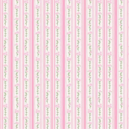 pink, white, green, floral stripes, vertical stripes, small flowers, botanical pattern, delicate blooms, cottage core, feminine, soft pastels, quilting cotton, fabric panel, repeating pattern, vintage inspired, romantic, garden flowers, spring motifs, shabby chic