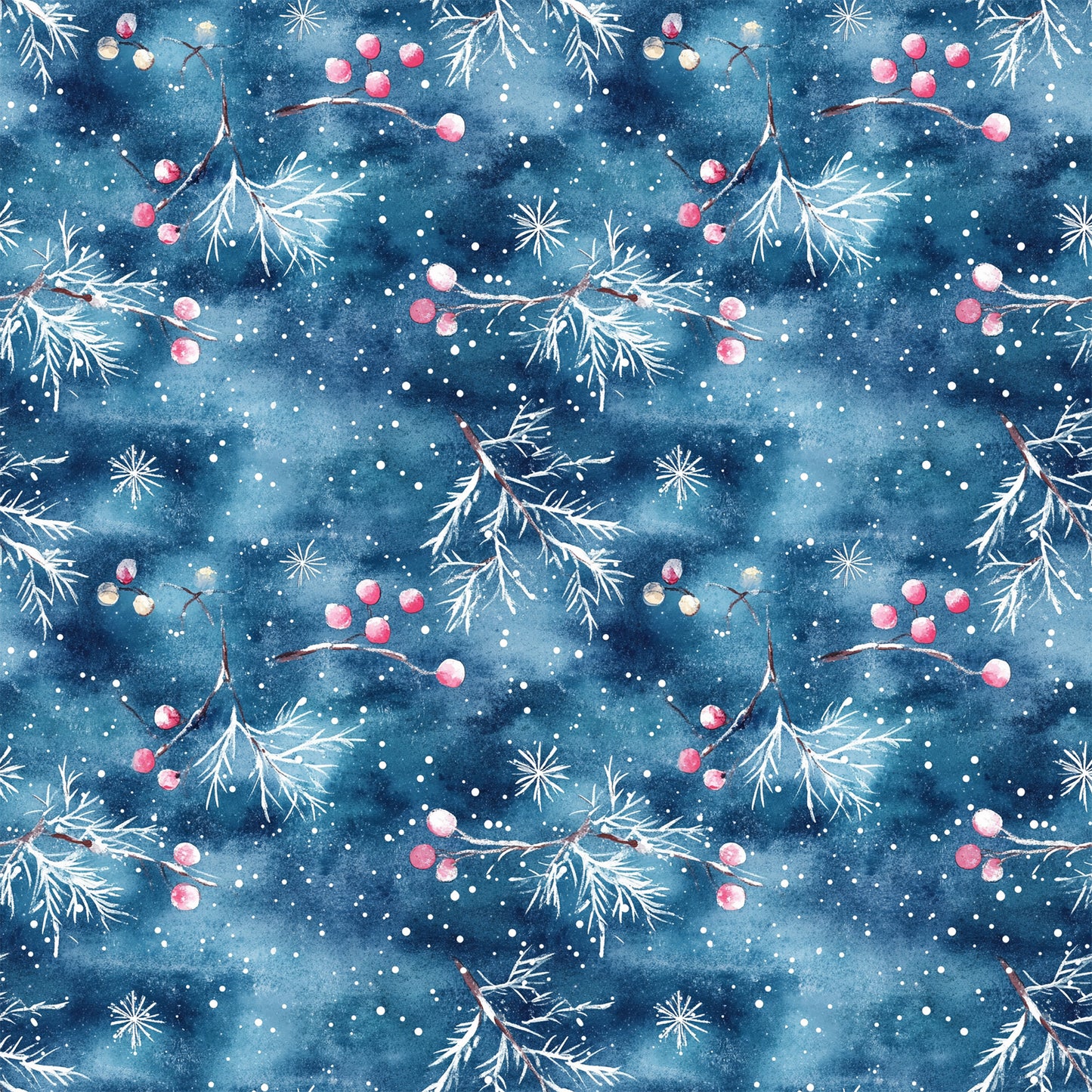 watercolor blue, christmas pattern, quilting cotton, fabric panel, winter berries, pine branches, snowflakes, starry night, deep blue, pink berries, white snow, botanical elements, holiday theme, seamless repeat, watercolor style, winter wonderland, festive design, crafting fabric, seasonal motifs, nature inspired