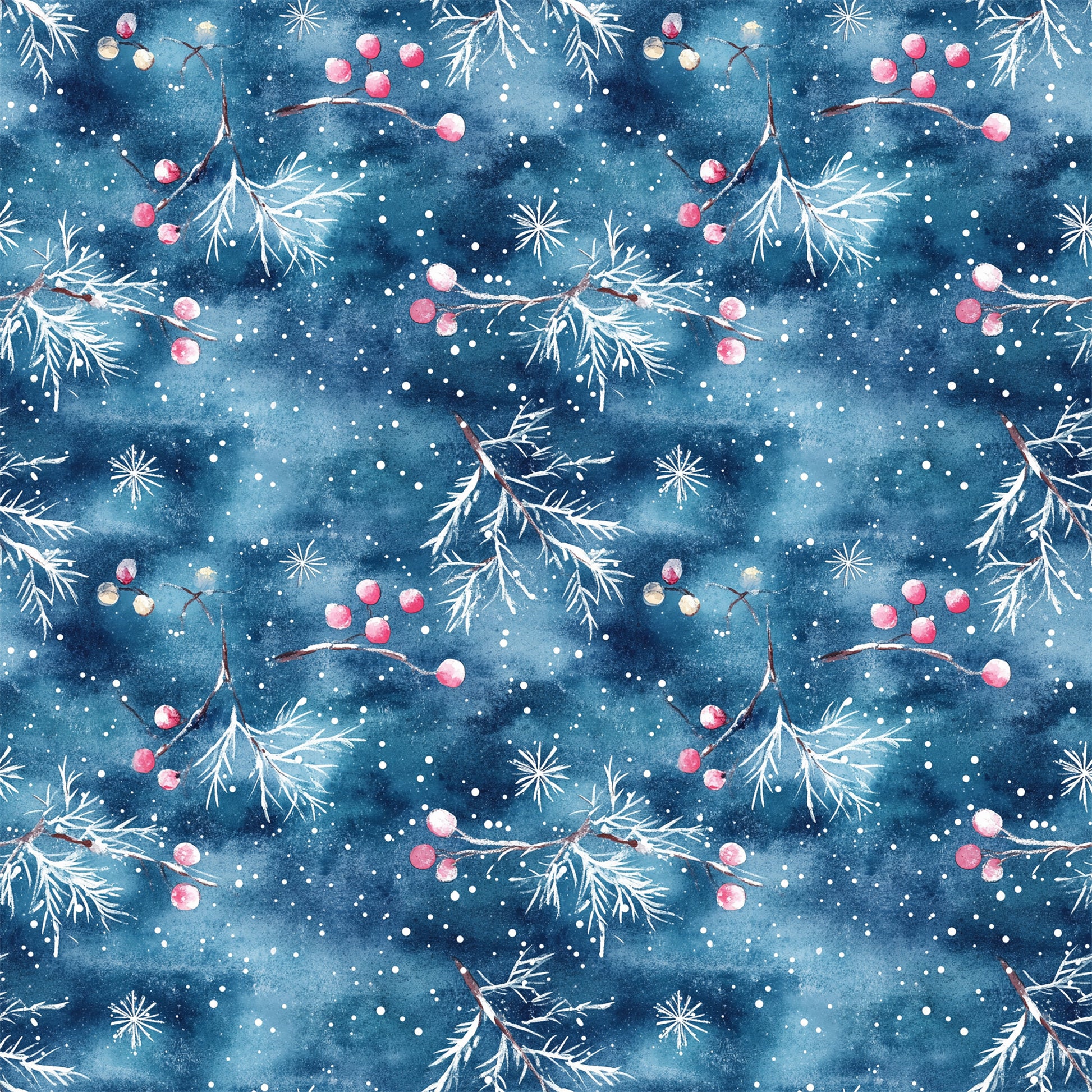 watercolor blue, christmas pattern, quilting cotton, fabric panel, winter berries, pine branches, snowflakes, starry night, deep blue, pink berries, white snow, botanical elements, holiday theme, seamless repeat, watercolor style, winter wonderland, festive design, crafting fabric, seasonal motifs, nature inspired