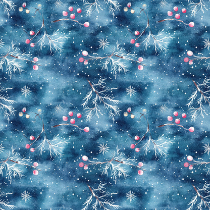 watercolor blue, christmas pattern, quilting cotton, fabric panel, winter berries, pine branches, snowflakes, starry night, deep blue, pink berries, white snow, botanical elements, holiday theme, seamless repeat, watercolor style, winter wonderland, festive design, crafting fabric, seasonal motifs, nature inspired