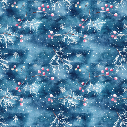 watercolor blue, christmas pattern, quilting cotton, fabric panel, winter berries, pine branches, snowflakes, starry night, deep blue, pink berries, white snow, botanical elements, holiday theme, seamless repeat, watercolor style, winter wonderland, festive design, crafting fabric, seasonal motifs, nature inspired