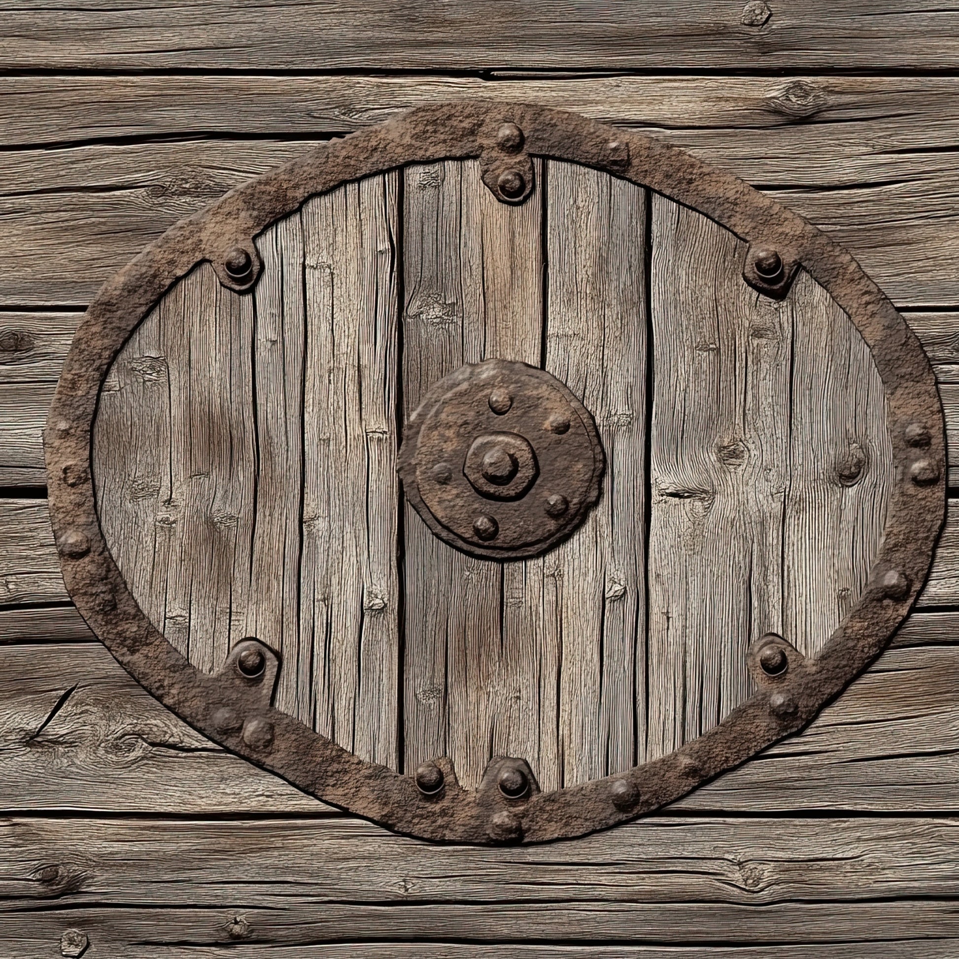 weathered wood, rustic shield, medieval armor, brown tones, tan colors, aged timber, viking shield, warrior equipment, metal studs, iron reinforcements, wooden planks, battle gear, historical weaponry, antiqued finish, earthy palette, combat shield, norse design, leather trim, oval shape, quilting cotton