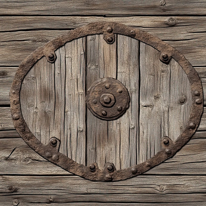 weathered wood, rustic shield, medieval armor, brown tones, tan colors, aged timber, viking shield, warrior equipment, metal studs, iron reinforcements, wooden planks, battle gear, historical weaponry, antiqued finish, earthy palette, combat shield, norse design, leather trim, oval shape, quilting cotton