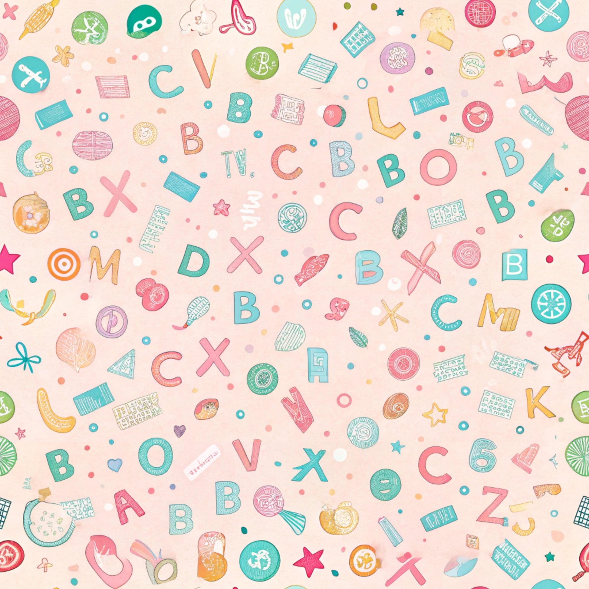 pink background, teal accents, coral pink, yellow highlights, letters and numbers, school supplies, educational theme, scattered pattern, playful design, children's fabric, quilting cotton, back to school, geometric shapes, colorful icons, whimsical style, crafting supplies, alphabet motif, academic elements, cotton panel, bright colors