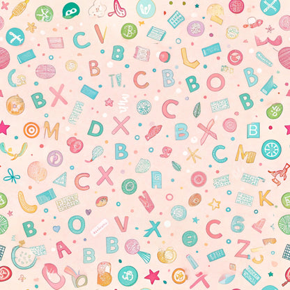 pink background, teal accents, coral pink, yellow highlights, letters and numbers, school supplies, educational theme, scattered pattern, playful design, children's fabric, quilting cotton, back to school, geometric shapes, colorful icons, whimsical style, crafting supplies, alphabet motif, academic elements, cotton panel, bright colors