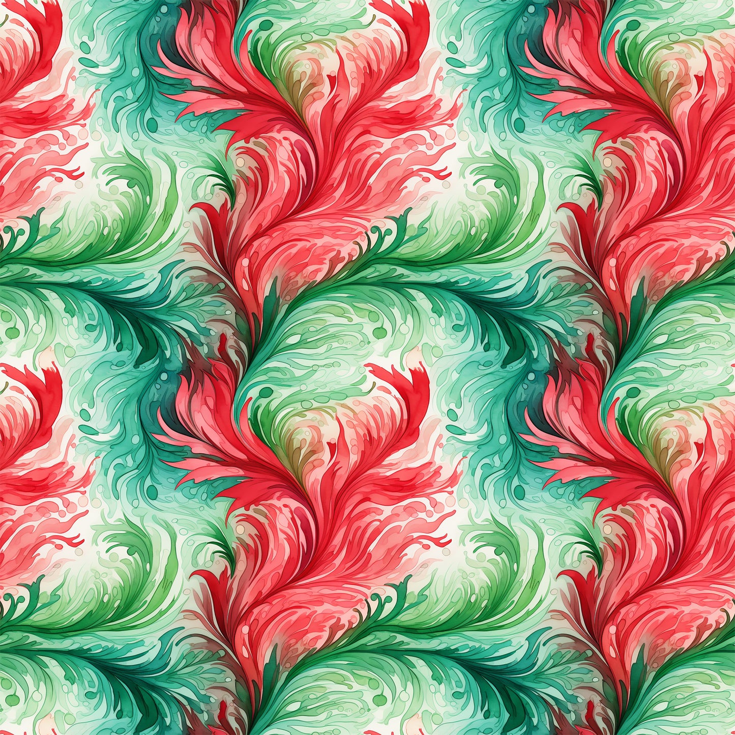 watercolor, christmas swirls, red, green, coral pink, mint green, emerald, flowing patterns, decorative swirls, festive motifs, holiday design, artistic brushstrokes, fluid movement, organic curves, quilting cotton, fabric panel, seamless repeat, winter theme, elegant scrollwork, botanical flourishes