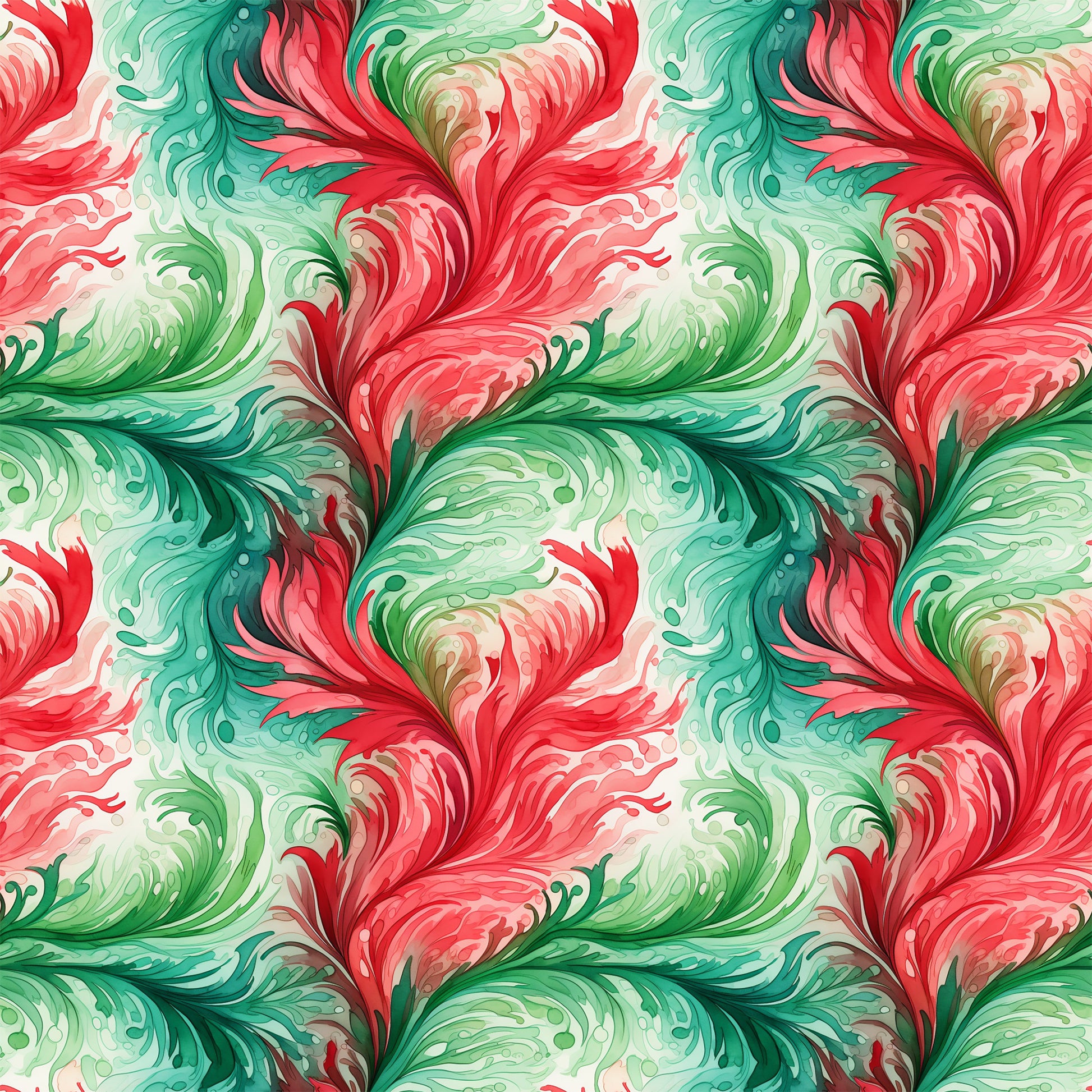 watercolor, christmas swirls, red, green, coral pink, mint green, emerald, flowing patterns, decorative swirls, festive motifs, holiday design, artistic brushstrokes, fluid movement, organic curves, quilting cotton, fabric panel, seamless repeat, winter theme, elegant scrollwork, botanical flourishes