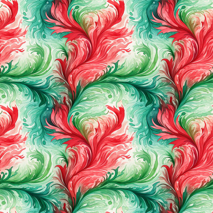 watercolor, christmas swirls, red, green, coral pink, mint green, emerald, flowing patterns, decorative swirls, festive motifs, holiday design, artistic brushstrokes, fluid movement, organic curves, quilting cotton, fabric panel, seamless repeat, winter theme, elegant scrollwork, botanical flourishes
