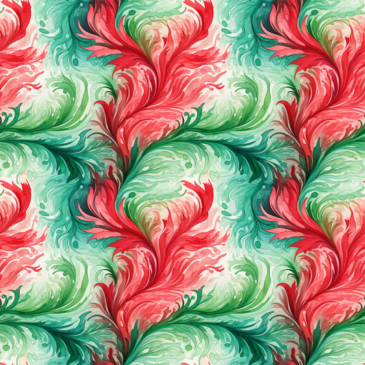watercolor, christmas swirls, red, green, coral pink, mint green, emerald, flowing patterns, decorative swirls, festive motifs, holiday design, artistic brushstrokes, fluid movement, organic curves, quilting cotton, fabric panel, seamless repeat, winter theme, elegant scrollwork, botanical flourishes