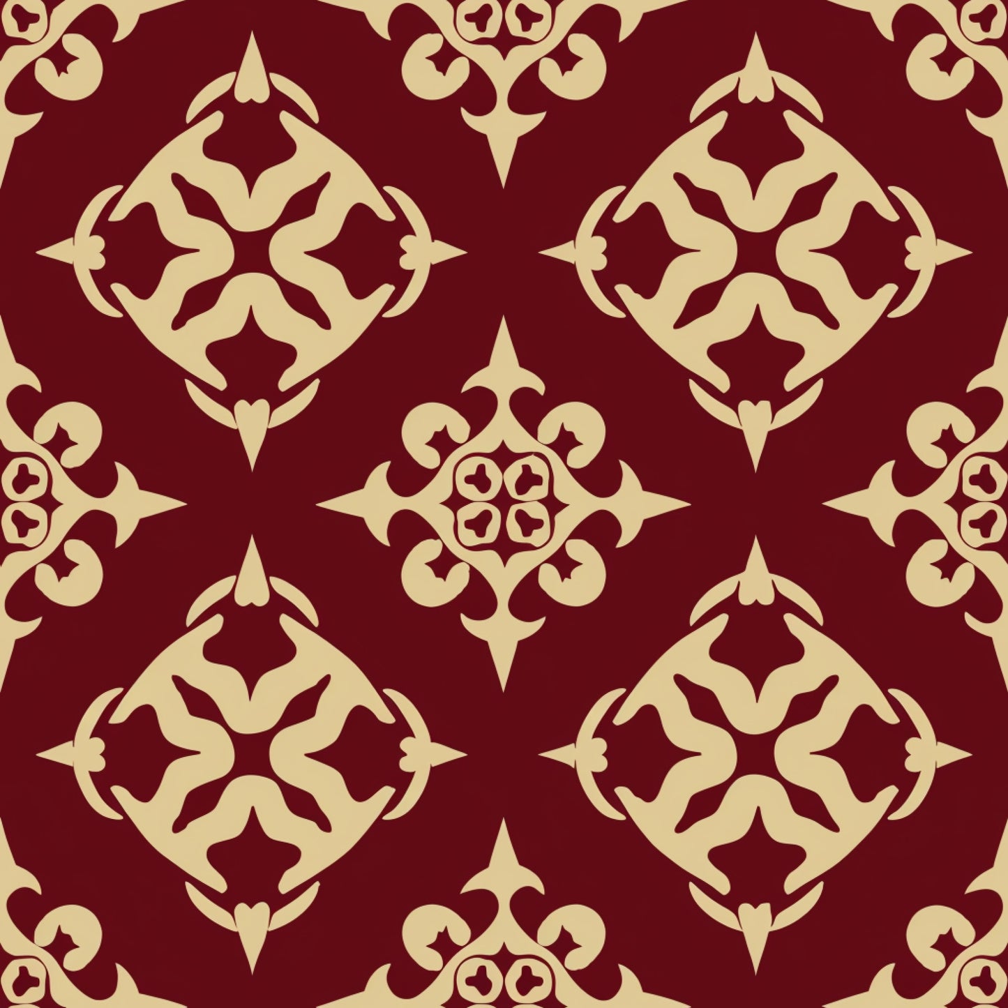 burgundy, cream, damask pattern, ornate motifs, floral scrollwork, baroque design, decorative elements, symmetrical pattern, elegant swirls, intricate details, quilting cotton, fabric panel, rich colors, vintage style, sophisticated design, repeating motifs, ornamental flourishes