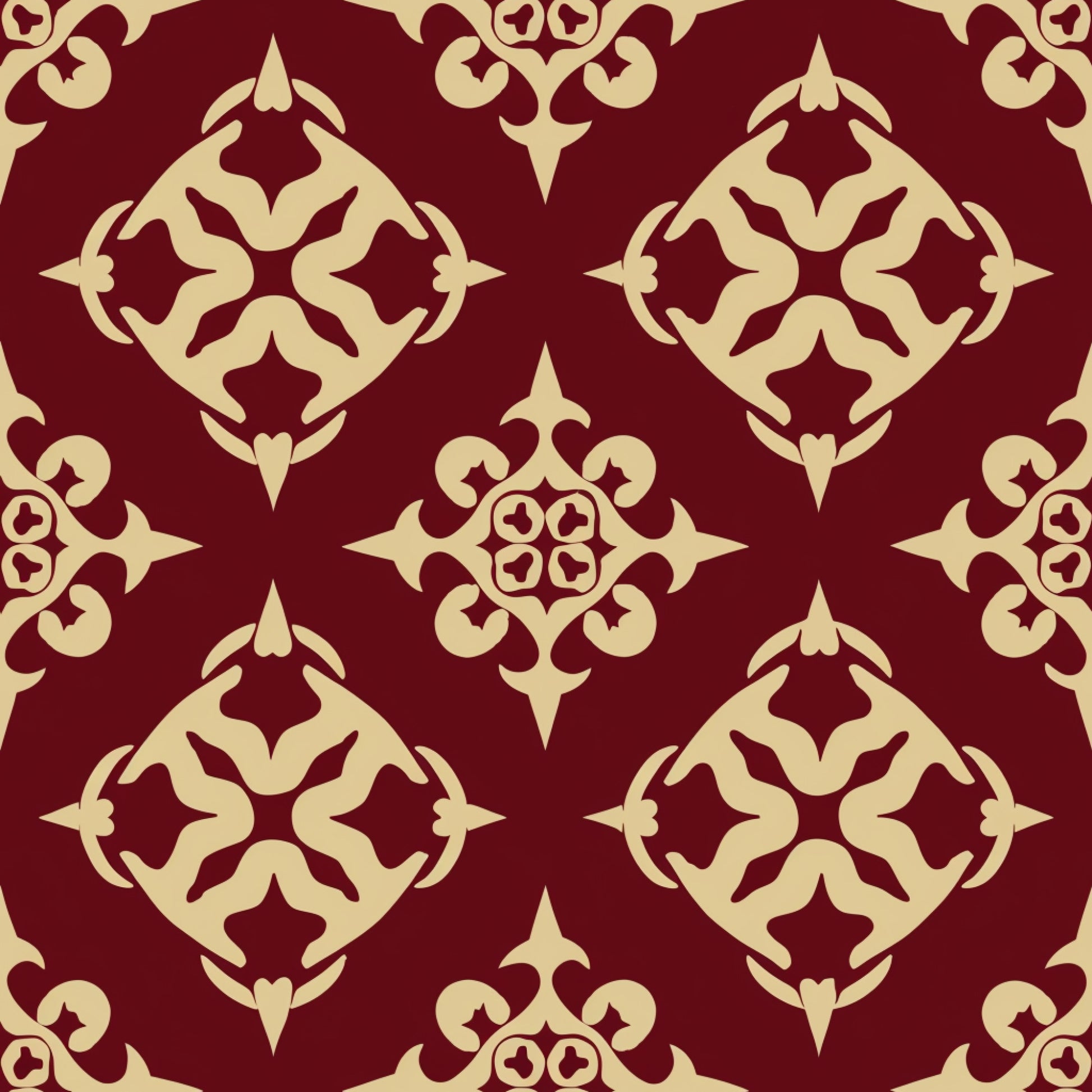 burgundy, cream, damask pattern, ornate motifs, floral scrollwork, baroque design, decorative elements, symmetrical pattern, elegant swirls, intricate details, quilting cotton, fabric panel, rich colors, vintage style, sophisticated design, repeating motifs, ornamental flourishes