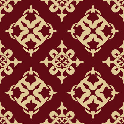 burgundy, cream, damask pattern, ornate motifs, floral scrollwork, baroque design, decorative elements, symmetrical pattern, elegant swirls, intricate details, quilting cotton, fabric panel, rich colors, vintage style, sophisticated design, repeating motifs, ornamental flourishes