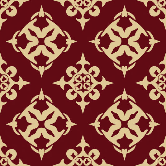 burgundy, cream, damask pattern, ornate motifs, floral scrollwork, baroque design, decorative elements, symmetrical pattern, elegant swirls, intricate details, quilting cotton, fabric panel, rich colors, vintage style, sophisticated design, repeating motifs, ornamental flourishes