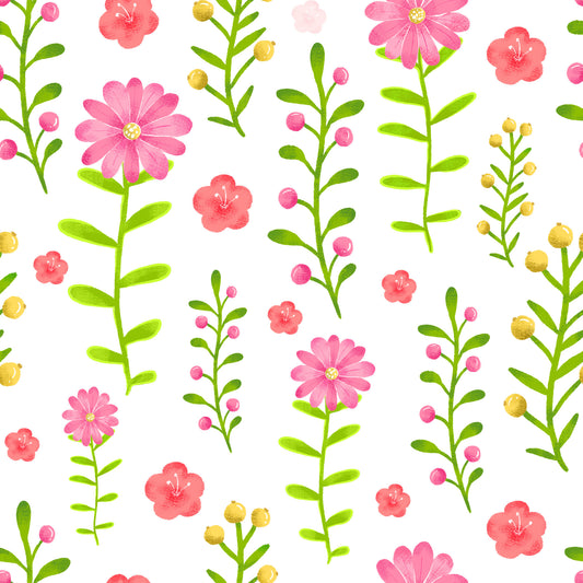 handdrawn, pink flowers, floral pattern, botanical design, watercolor style, coral blooms, yellow buds, green stems, leaves, daisy flowers, small blossoms, spring motif, feminine design, quilting cotton, fabric panel, delicate florals, pastel colors, scattered flowers, nature pattern, crafting material