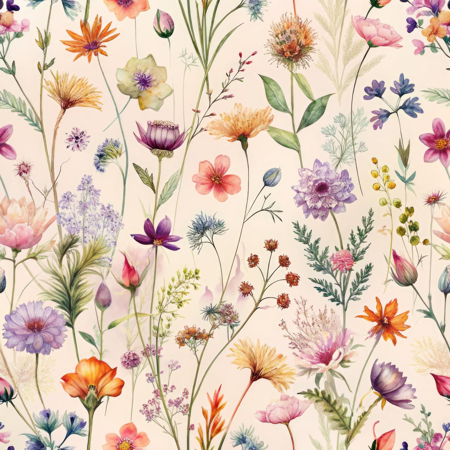wildflowers, botanical pattern, floral design, watercolor style, purple flowers, orange blooms, pink blossoms, coral petals, lavender hues, green stems, cream background, delicate artwork, meadow flowers, quilting cotton, fabric panel, nature motifs, soft pastels, whimsical florals, garden blooms, spring flowers