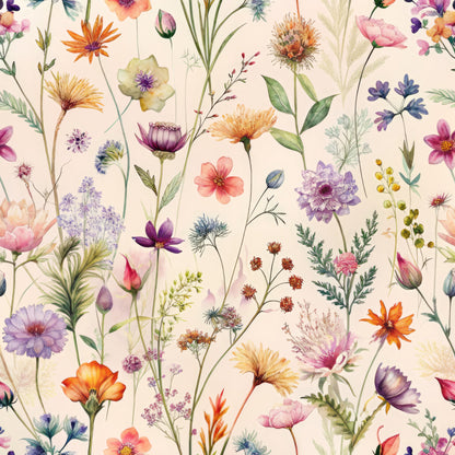 wildflowers, botanical pattern, floral design, watercolor style, purple flowers, orange blooms, pink blossoms, coral petals, lavender hues, green stems, cream background, delicate artwork, meadow flowers, quilting cotton, fabric panel, nature motifs, soft pastels, whimsical florals, garden blooms, spring flowers