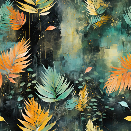 tropical leaves, palm fronds, autumn colors, orange foliage, teal background, golden yellow, sage green, abstract botanical, layered textures, painterly style, distressed finish, nature motif, quilting cotton, fabric panel, artistic watercolor, moody atmosphere, scattered dots, organic shapes, mixed media look