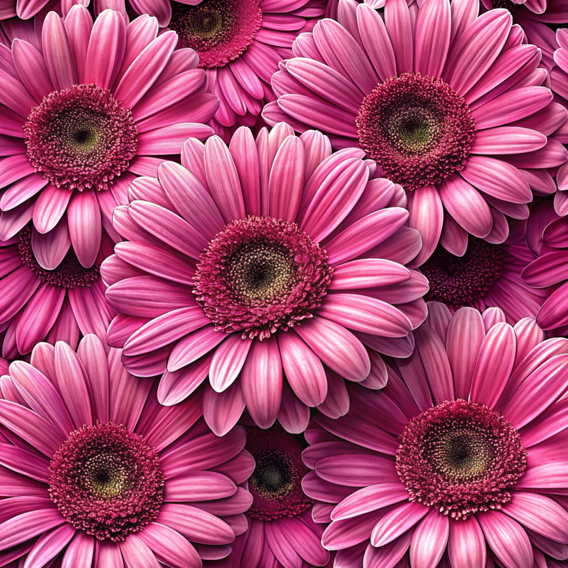 pink flowers, magenta petals, fuchsia blooms, gerbera daisies, realistic floral, botanical pattern, flower centers, layered petals, vibrant pink, quilting cotton, fabric panel, floral design, nature motif, spring flowers, seamless pattern, photorealistic style, garden flowers, bright colors, cotton fabric, quilting material