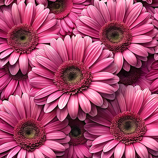pink flowers, magenta petals, fuchsia blooms, gerbera daisies, realistic floral, botanical pattern, flower centers, layered petals, vibrant pink, quilting cotton, fabric panel, floral design, nature motif, spring flowers, seamless pattern, photorealistic style, garden flowers, bright colors, cotton fabric, quilting material