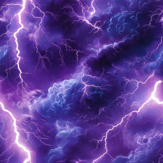 purple, violet, blue, lightning bolts, thunderstorm, storm clouds, electric, dramatic sky, weather pattern, quilting cotton, fabric panel, nature, atmospheric, stormy, electrical, thunder, meteorological, tempest, storm system, turbulent clouds