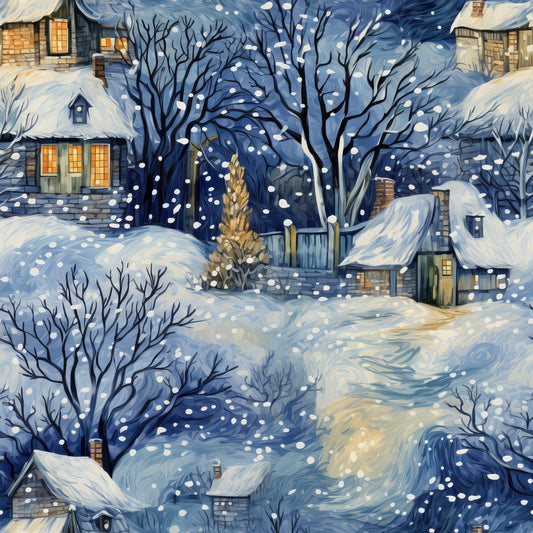 winter scene, snowy landscape, quilting cotton, fabric panel, deep blue, navy blue, white snow, golden yellow, warm orange, cozy houses, bare trees, falling snow, village scene, swirling sky, illuminated windows, snow-covered roofs, winding path, winter night, pastoral setting, cotton fabric