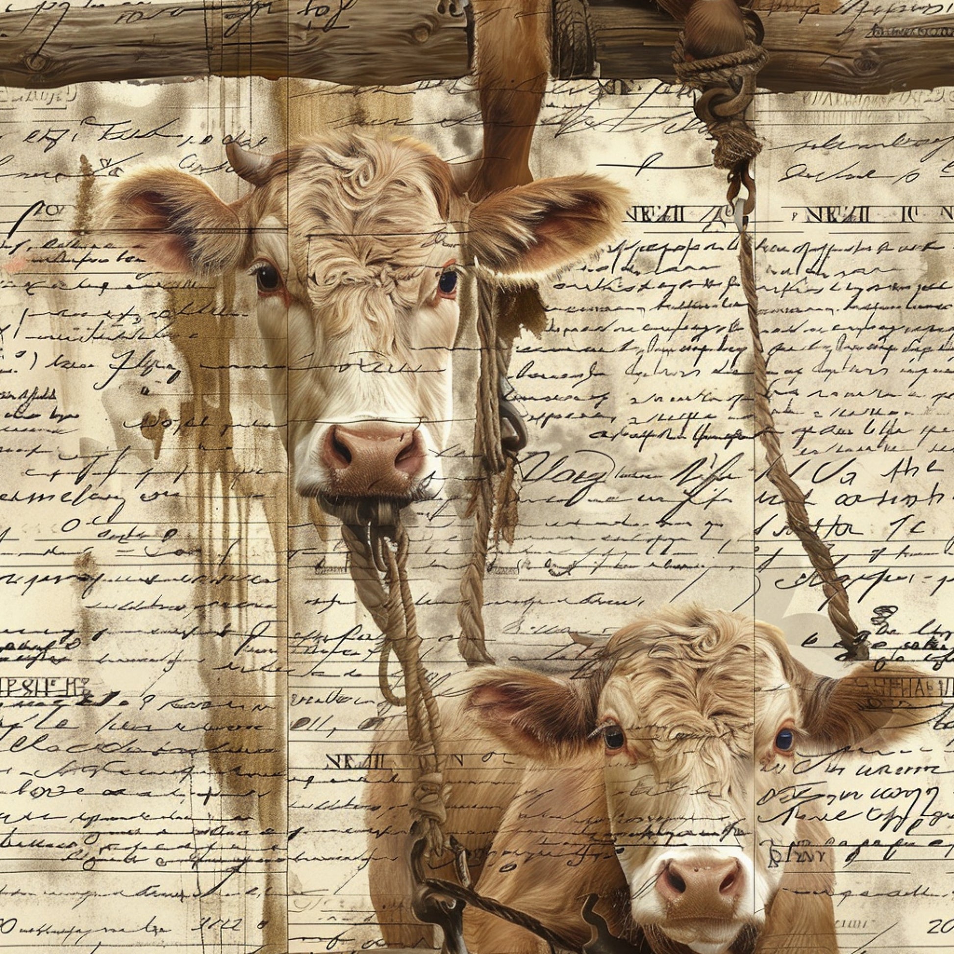 farm animals, cows, cattle, beige, tan, brown, cream, vintage style, cursive script, handwriting overlay, rope details, rustic farmhouse, quilting cotton, fabric panel, pastoral scene, country theme, agricultural motifs, sepia tones, weathered appearance