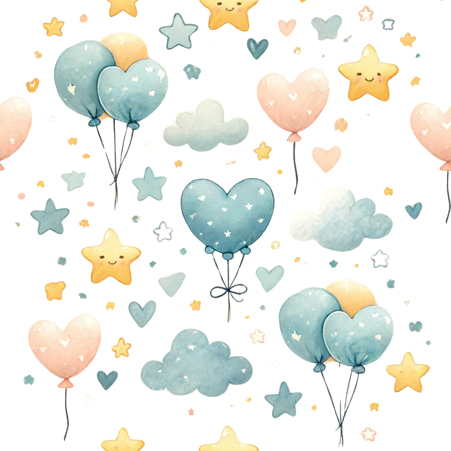 watercolor style, pastel colors, mint green, peach pink, soft yellow, heart balloons, star shapes, fluffy clouds, whimsical pattern, nursery theme, baby fabric, quilting cotton, cute characters, dreamy atmosphere, kawaii style, scattered design, balloon clusters, celestial motifs, soft pastels, children's fabric