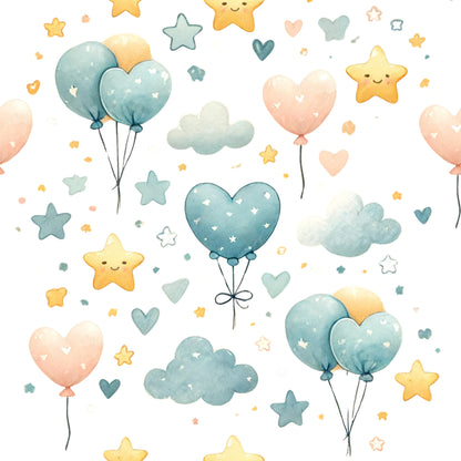 watercolor style, pastel colors, mint green, peach pink, soft yellow, heart balloons, star shapes, fluffy clouds, whimsical pattern, nursery theme, baby fabric, quilting cotton, cute characters, dreamy atmosphere, kawaii style, scattered design, balloon clusters, celestial motifs, soft pastels, children's fabric