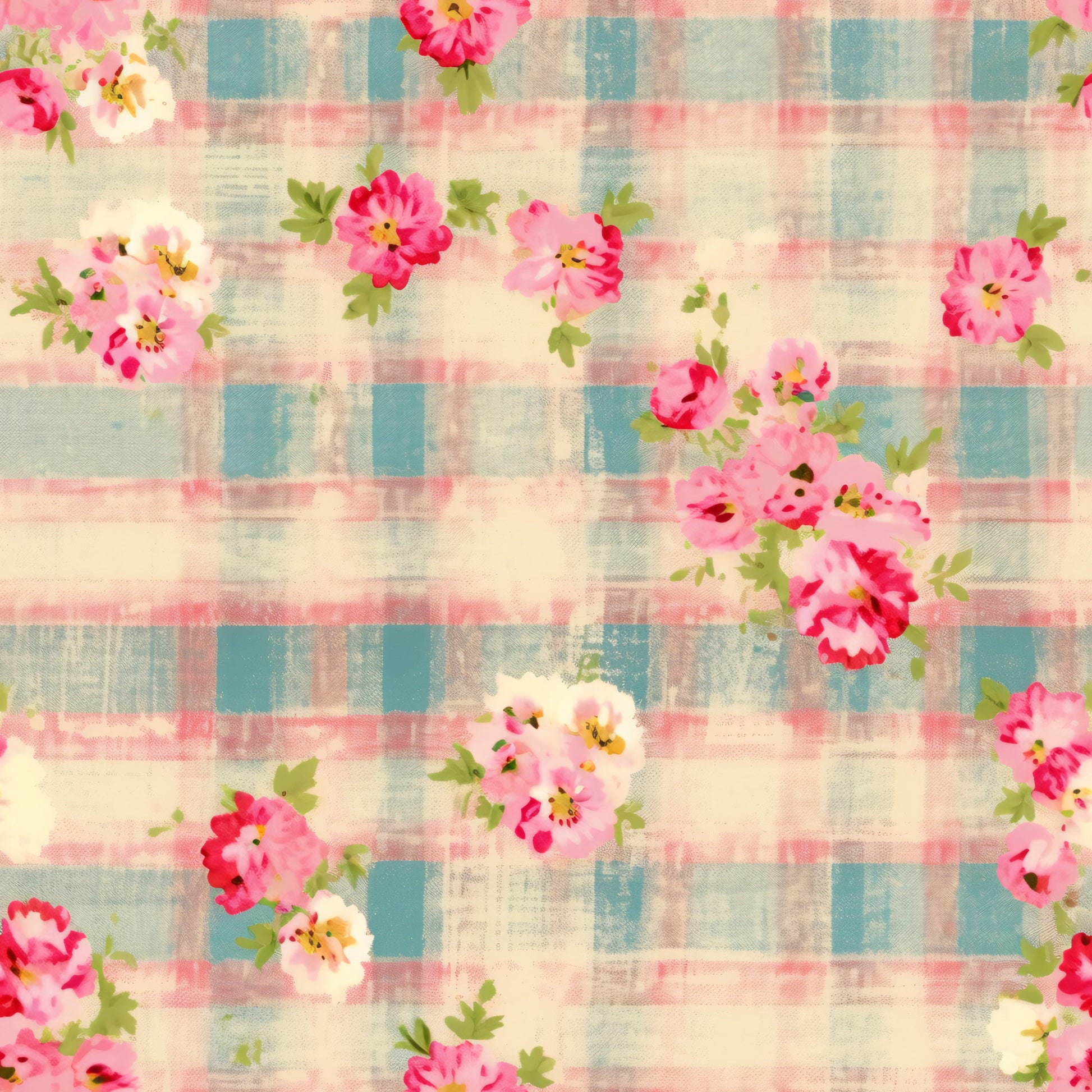 pink, coral, teal, cream, plaid pattern, floral motif, cottage flowers, quilting cotton, fabric panel, country style, vintage roses, gingham check, pastel blooms, green leaves, shabby chic, feminine design, craft fabric, patchwork material, romantic florals