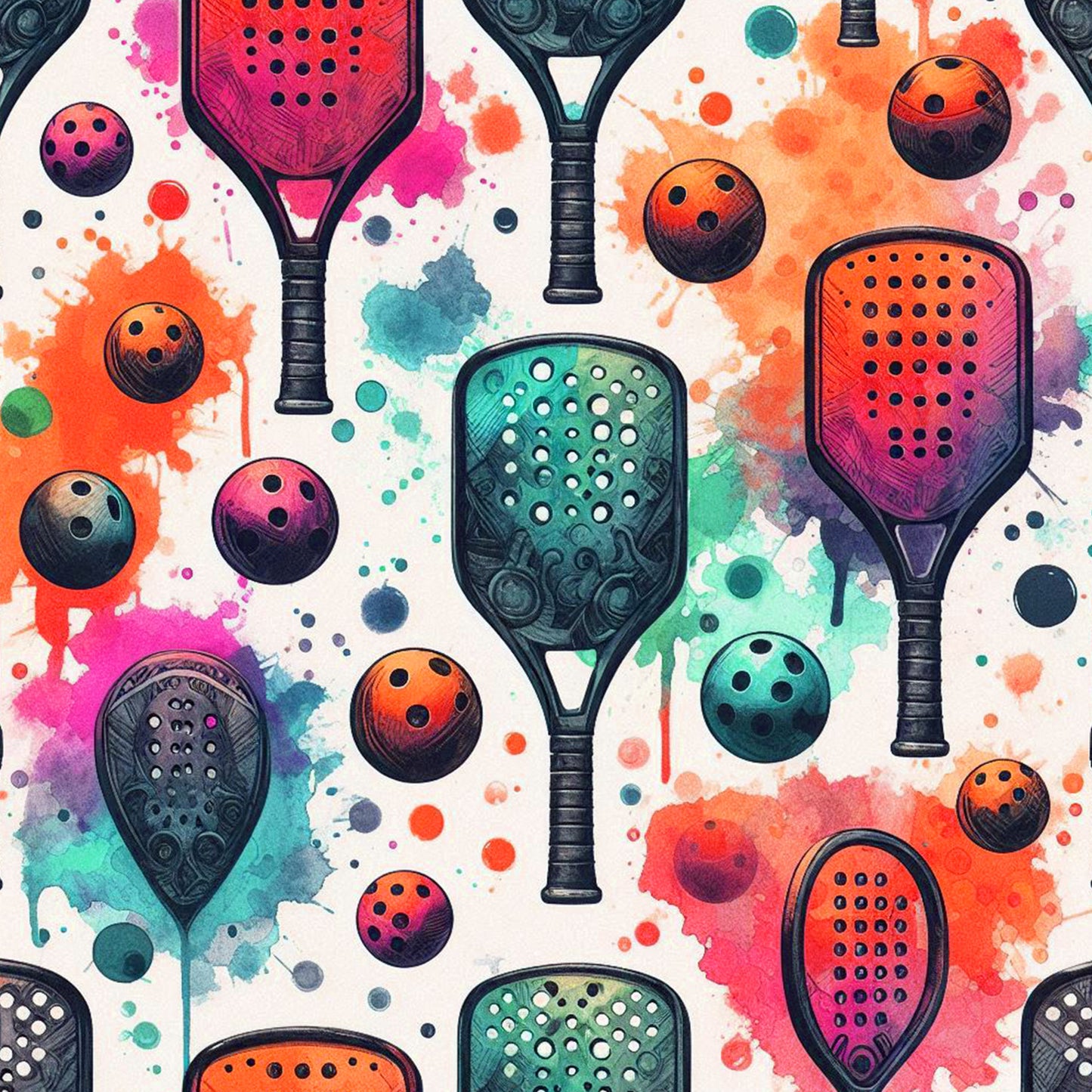 watercolor, pickleball, paddles, balls, sports equipment, athletic, colorful splashes, paint splatters, pink, orange, teal, purple, green, coral, vibrant colors, modern art style, contemporary design, quilting cotton, fabric panel, recreational sports, geometric holes, racquet sports