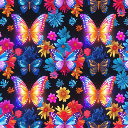 fantasy butterflies, quilting cotton, fabric panel, vibrant colors, purple butterflies, blue butterflies, orange butterflies, tropical flowers, pink flowers, yellow flowers, red flowers, black background, repeating pattern, colorful wings, floral motifs, nature design, bright colors, whimsical style, crafting fabric, sewing material