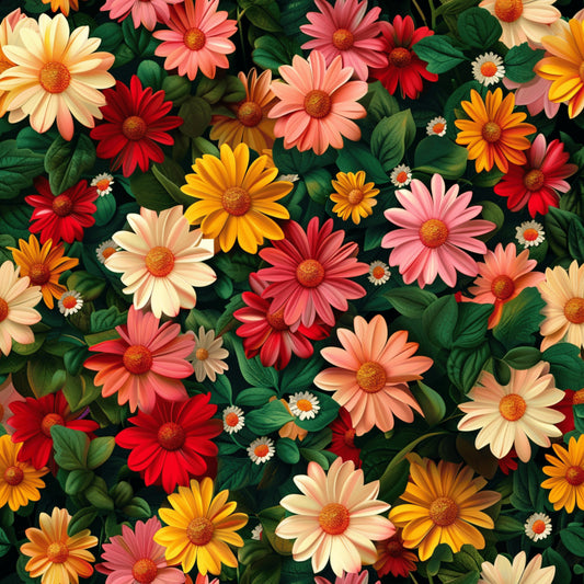 realistic flowers, daisy pattern, floral design, quilting cotton, fabric panel, coral pink, golden yellow, deep red, cream white, orange petals, green foliage, botanical print, garden flowers, nature motif, vibrant colors, seamless pattern, spring blooms, mixed florals, cottage style, cheerful mood