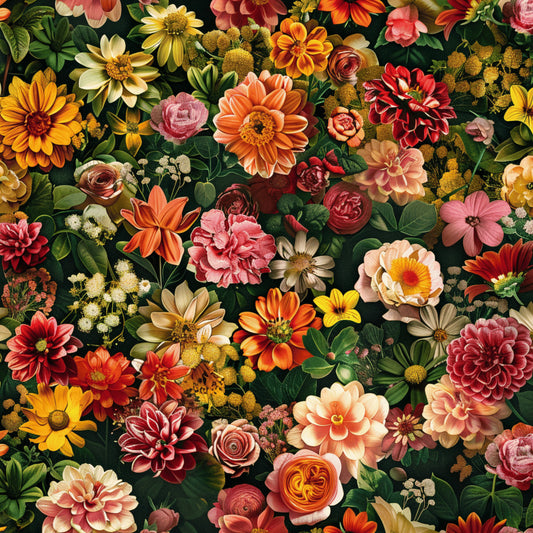 realistic flowers, floral pattern, botanical design, autumn colors, orange blooms, red dahlias, pink roses, yellow flowers, coral petals, burgundy blossoms, green foliage, densely packed, vintage style, quilting cotton, fabric panel, garden theme, mixed florals, warm tones, intricate details, nature motifs