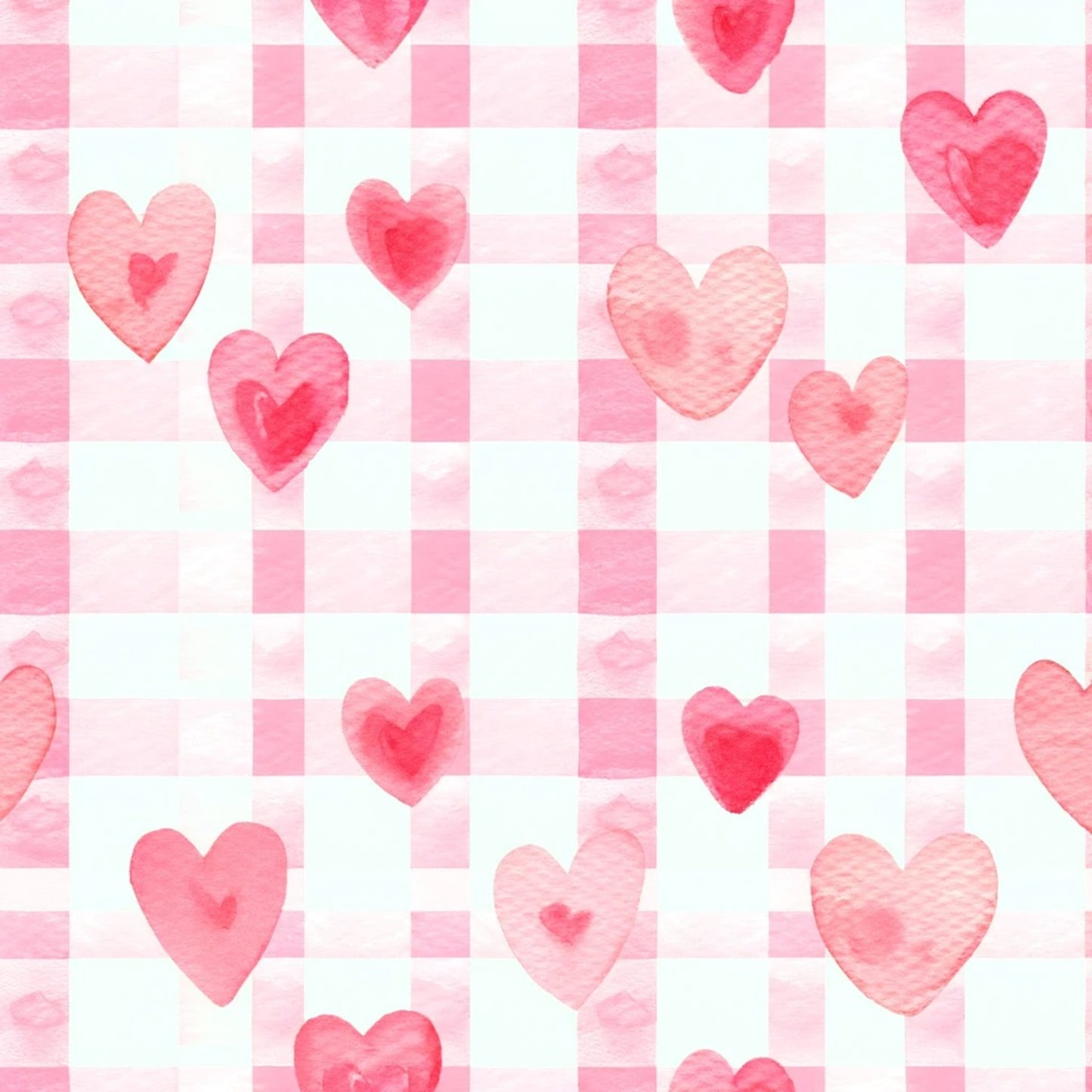 pink hearts, watercolor hearts, checkered background, gingham pattern, pastel pink, coral pink, rose pink, quilting cotton, fabric panel, romantic pattern, valentine theme, love motif, soft watercolor, heart shapes, pink and white, checkerboard design, sweet pattern, feminine design, craft fabric, patchwork fabric