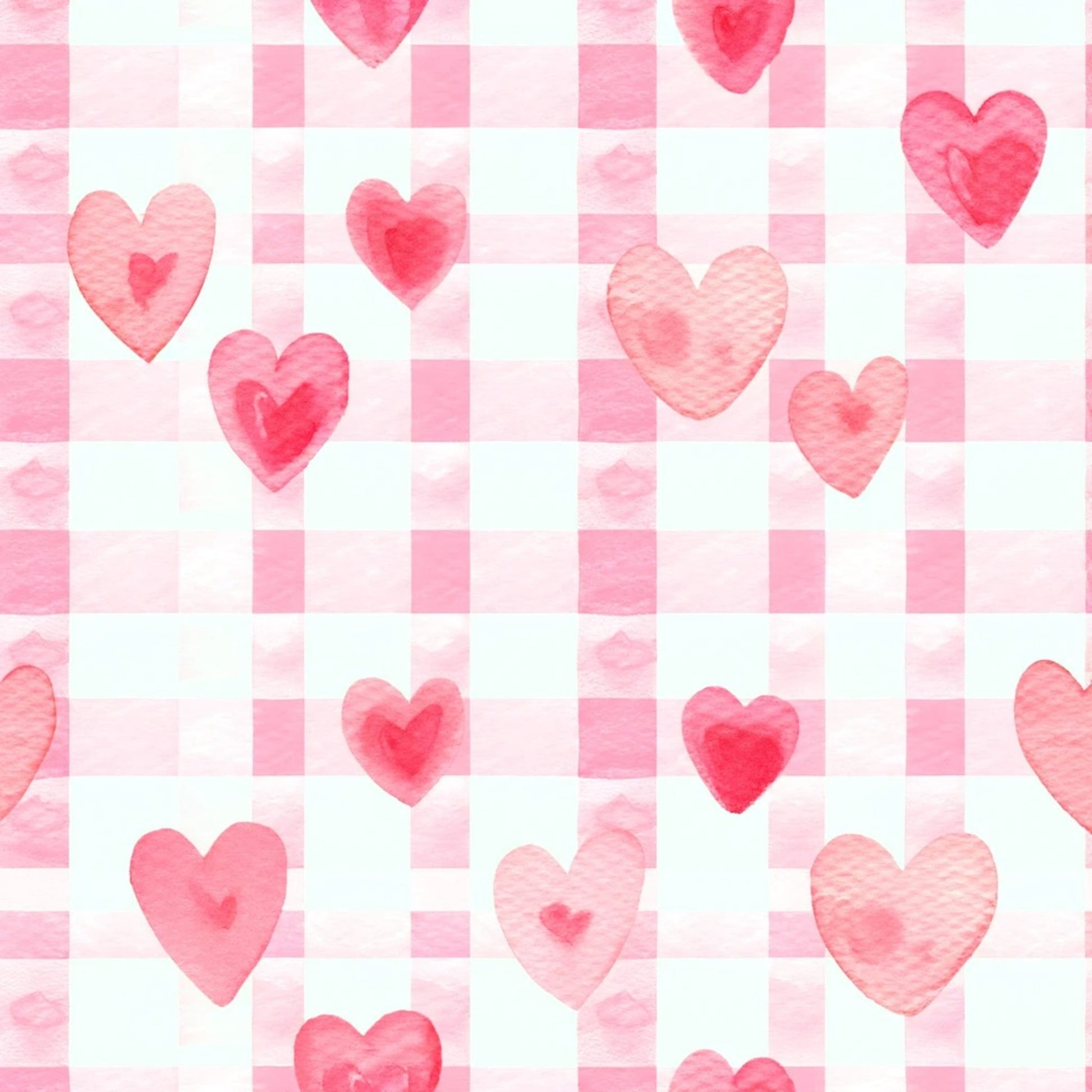pink hearts, watercolor hearts, checkered background, gingham pattern, pastel pink, coral pink, rose pink, quilting cotton, fabric panel, romantic pattern, valentine theme, love motif, soft watercolor, heart shapes, pink and white, checkerboard design, sweet pattern, feminine design, craft fabric, patchwork fabric