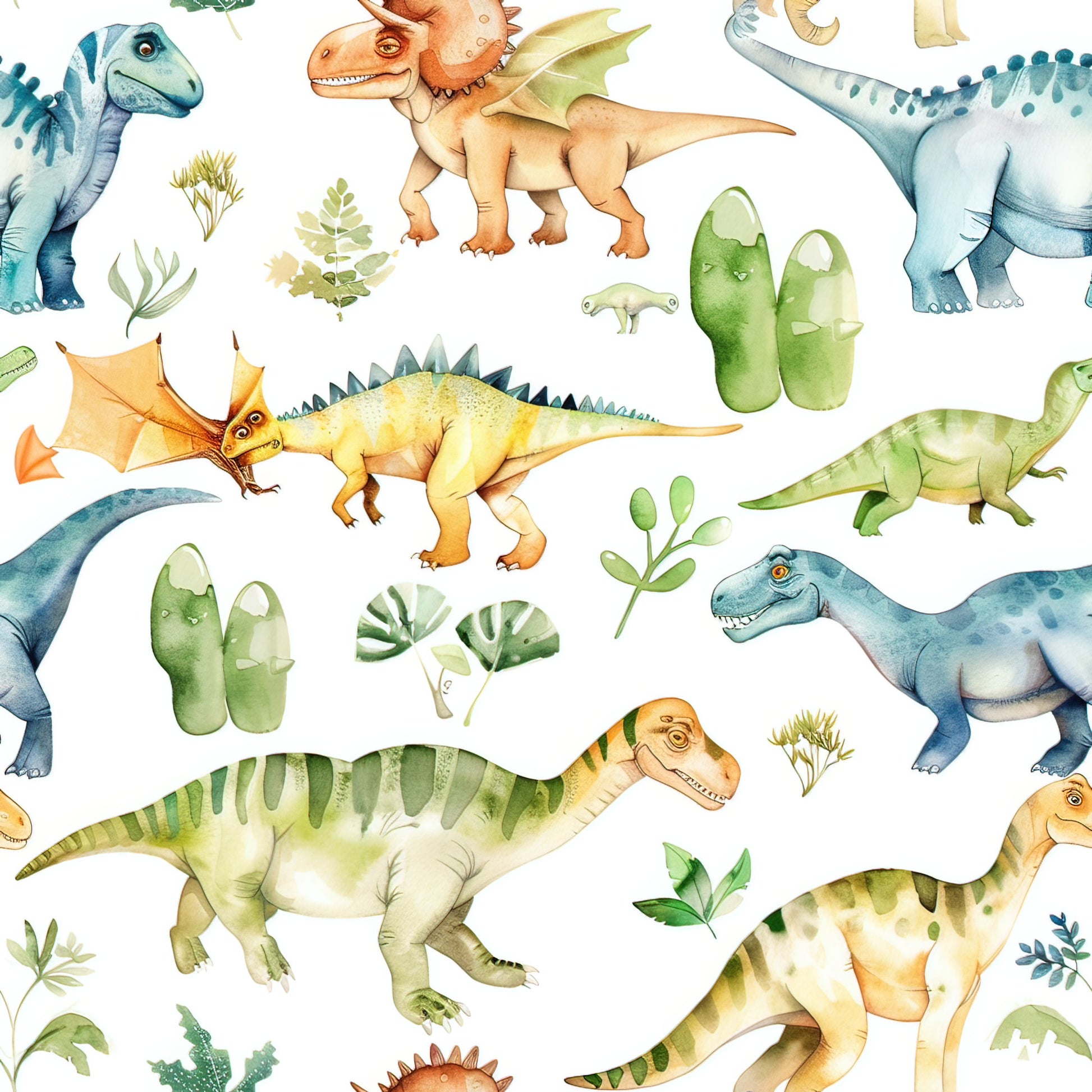 watercolor dinosaurs, prehistoric creatures, soft pastels, blue dinosaurs, green foliage, orange accents, yellow tones, botanical elements, leaves, plants, whimsical illustration, children's fabric, nursery theme, quilting cotton, fabric panel, seamless pattern, gentle colors, nature motifs, reptiles, dinosaur species