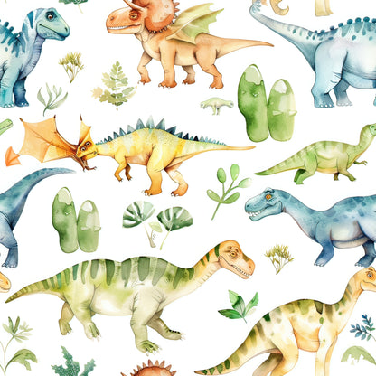 watercolor dinosaurs, prehistoric creatures, soft pastels, blue dinosaurs, green foliage, orange accents, yellow tones, botanical elements, leaves, plants, whimsical illustration, children's fabric, nursery theme, quilting cotton, fabric panel, seamless pattern, gentle colors, nature motifs, reptiles, dinosaur species