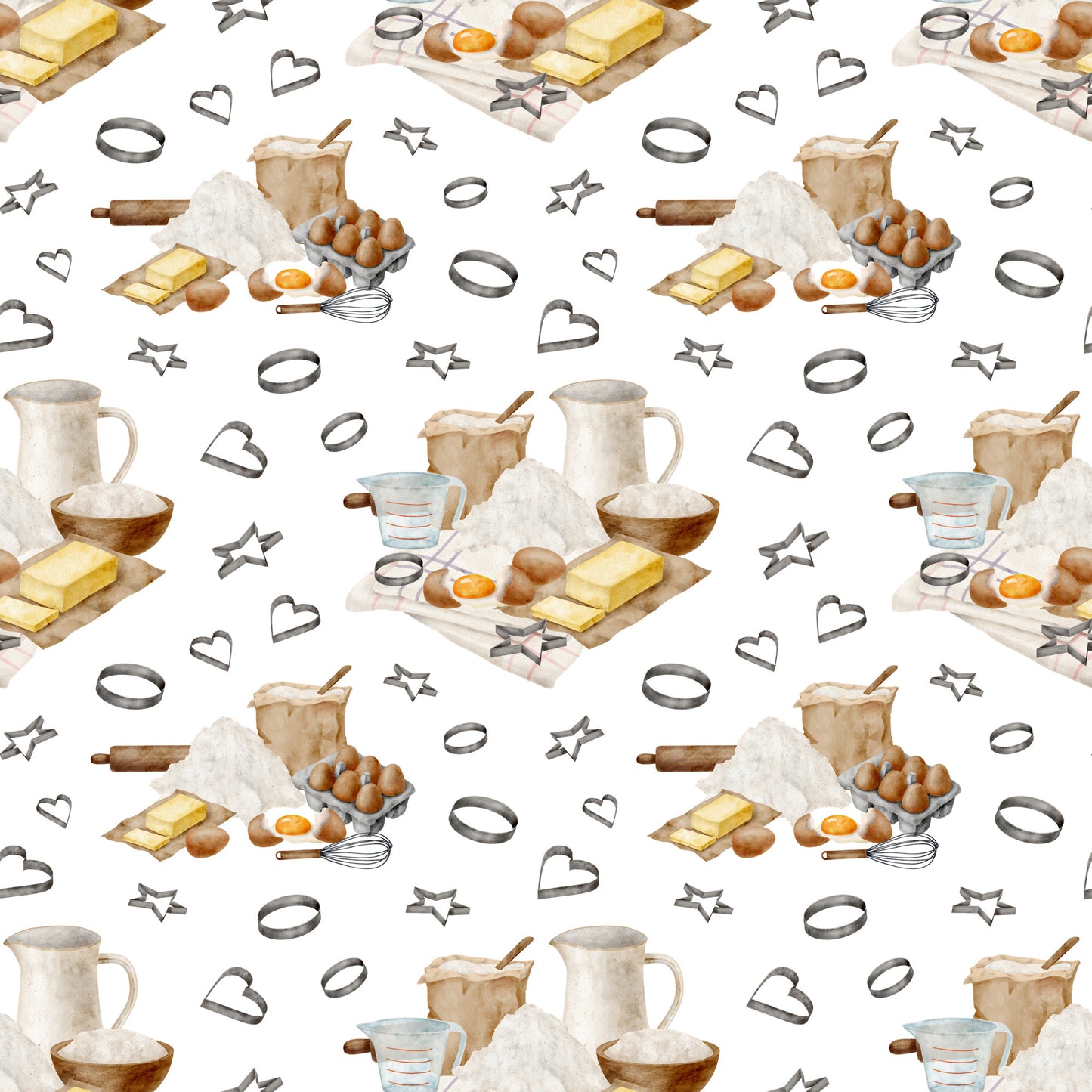 watercolor, baking pattern, quilting cotton, fabric panel, kitchen utensils, eggs, butter, flour, measuring cups, rolling pin, whisk, cookie cutters, heart shapes, star shapes, baking ingredients, cooking tools, neutral tones, beige, brown, yellow, white background, repeating pattern, culinary theme, kitchen accessories