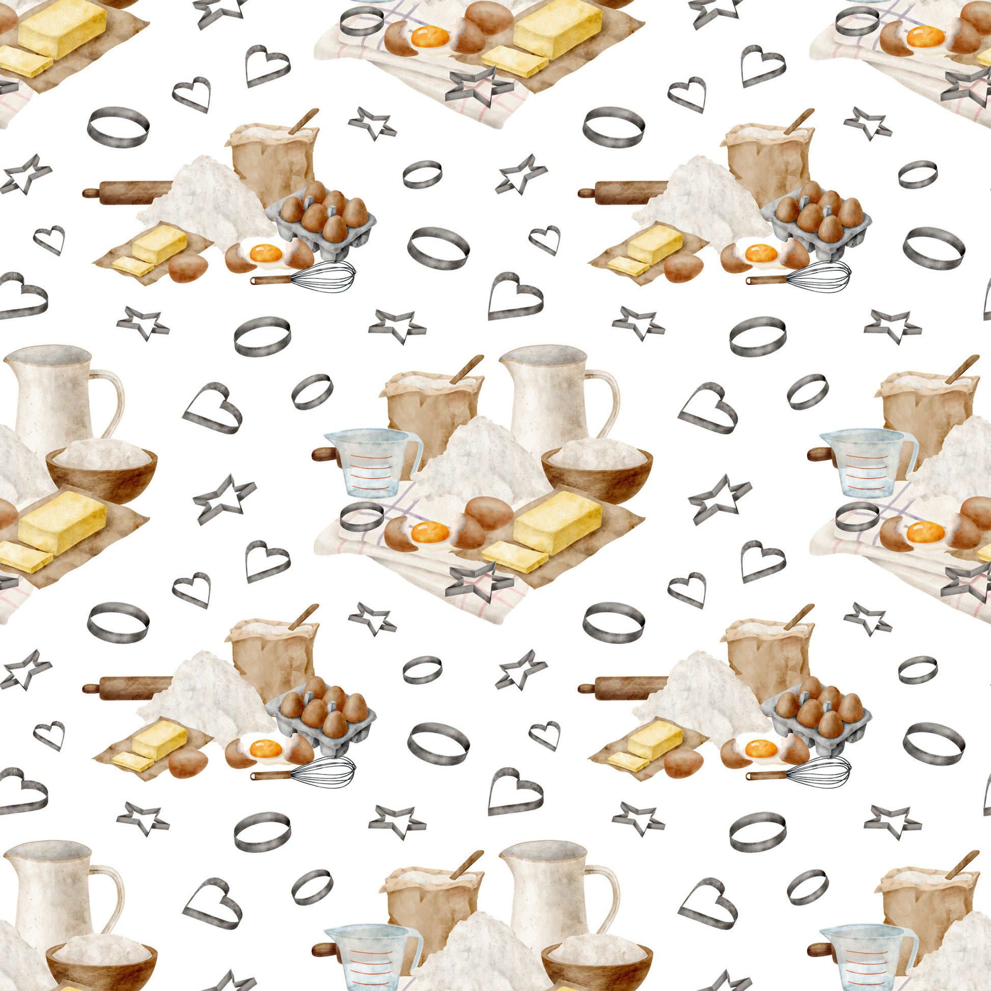 watercolor, baking pattern, quilting cotton, fabric panel, kitchen utensils, eggs, butter, flour, measuring cups, rolling pin, whisk, cookie cutters, heart shapes, star shapes, baking ingredients, cooking tools, neutral tones, beige, brown, yellow, white background, repeating pattern, culinary theme, kitchen accessories