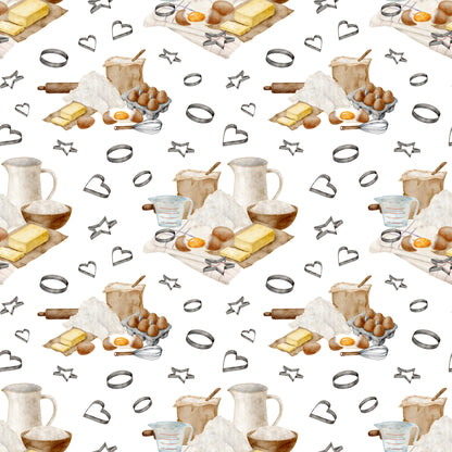 watercolor, baking pattern, quilting cotton, fabric panel, kitchen utensils, eggs, butter, flour, measuring cups, rolling pin, whisk, cookie cutters, heart shapes, star shapes, baking ingredients, cooking tools, neutral tones, beige, brown, yellow, white background, repeating pattern, culinary theme, kitchen accessories