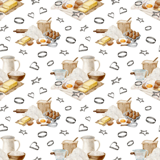 watercolor, baking pattern, quilting cotton, fabric panel, kitchen utensils, eggs, butter, flour, measuring cups, rolling pin, whisk, cookie cutters, heart shapes, star shapes, baking ingredients, cooking tools, neutral tones, beige, brown, yellow, white background, repeating pattern, culinary theme, kitchen accessories