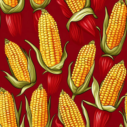 sweet corn, corn cobs, yellow kernels, golden yellow, red background, crimson red, green husks, vegetable pattern, food motif, harvest theme, autumn colors, seamless repeat, quilting cotton, fabric panel, realistic illustration, farm fresh, agricultural design, corn on the cob, vibrant colors, kitchen theme